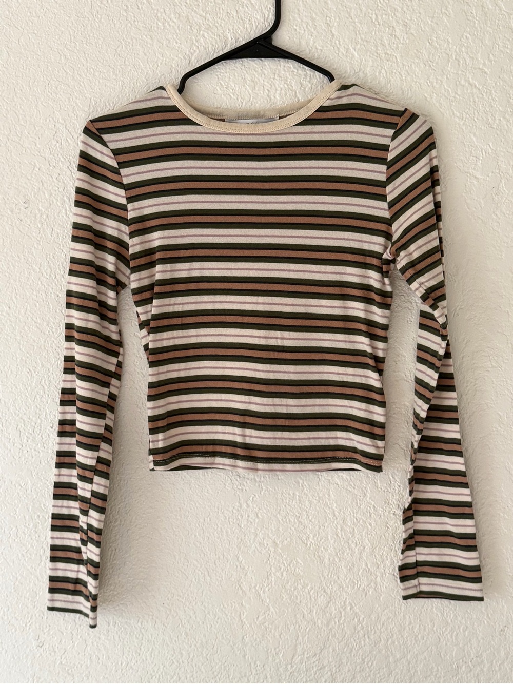 Miss Selfridge Striped Long Sleeve Crop Top in Pink, Olive & Black